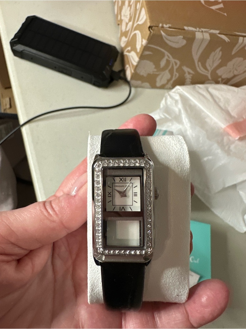 Origami Owl Black Leather Watch with Silver Crystal-Trim Case and Turquoise Box - Picture 2 of 4